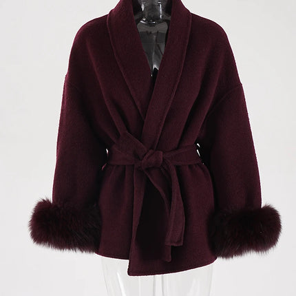 Elegant OL Office Lady Overcoats Fur Patchwork Long Sleeve Woolen Coat Beautiful Women's Clothing Jacket Autumn 2025 Spring