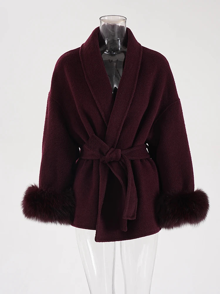 Elegant OL Office Lady Overcoats Fur Patchwork Long Sleeve Woolen Coat Beautiful Women's Clothing Jacket Autumn 2025 Spring