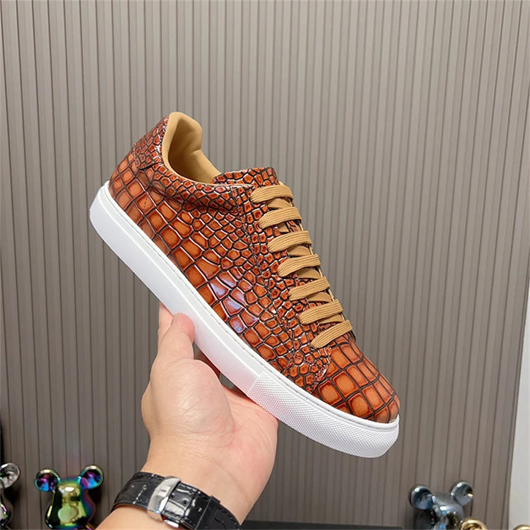 Leather Sneakers Men Calfskin Alligator Pattern Casual Shoes Lace Up Flats Daily Footwear