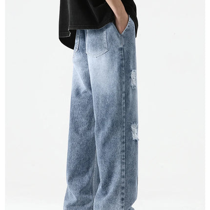 Jeans strappati estivi da uomo Gamba dritta ampia Retro da uomo Disegna corda Porta Pantaloni casual tutto-fiammifero di marca di moda