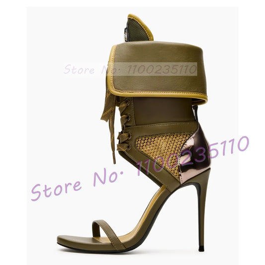 Army Green Patchwork Western Sandals Women Fashion Lace Up Ankle Strap Mesh High Heel Shoes Ladies Party Cut Out Folding Sandals