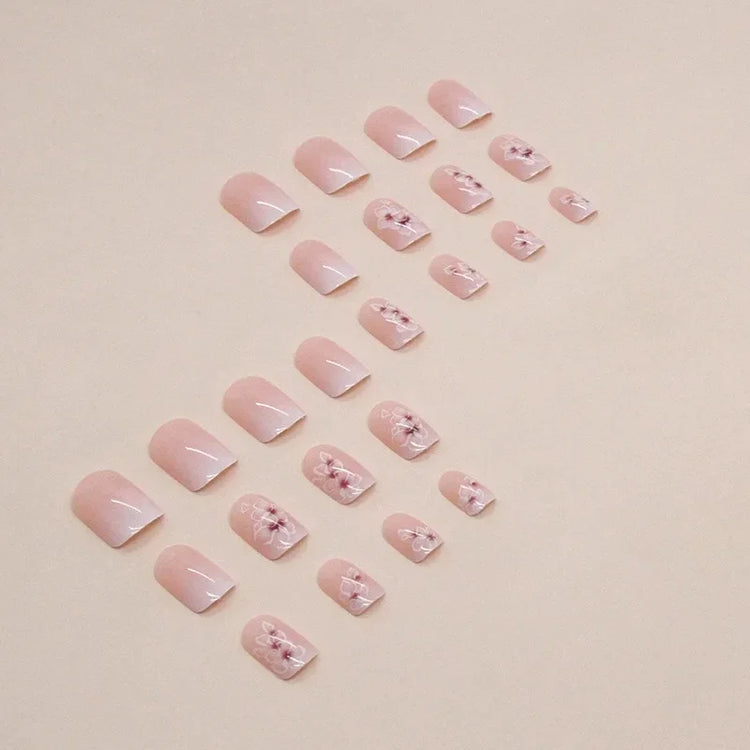24Pcs Short Simple Gradient Flower Pattern Press‑On Nails Include 1 Jelly Glue And 1 Nail File Manicure Kit