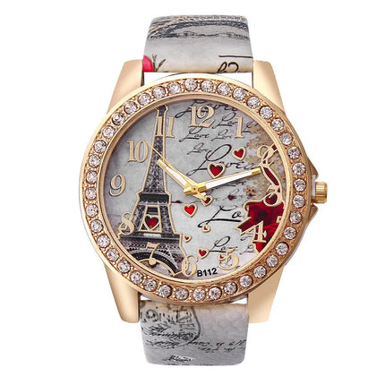Orologio al quarzo in pelle PU da donna alla moda con strass Torre Eiffel platinumshop