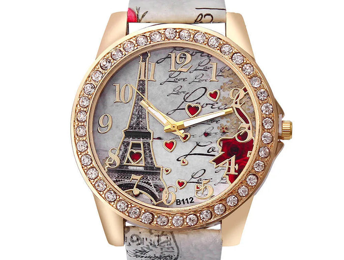 Orologio al quarzo in pelle PU da donna alla moda con strass Torre Eiffel platinumshop
