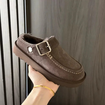 2026 New Vintage Belt Buckle Thick-soled Padded Men's and Women's Cotton Shoes Fashionable Half-trimmed Cotton Boots