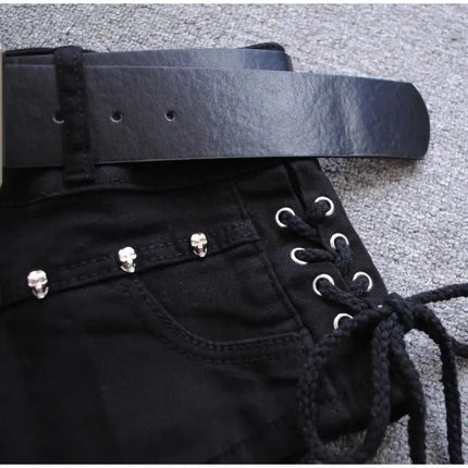 Korean Low Rise Denim Shorts 2024 - Riveted Lace Up Bodycon Black Hot Pants Vintage Cheeky Booty Summer TikTok Y2K Outfit PlatiNum