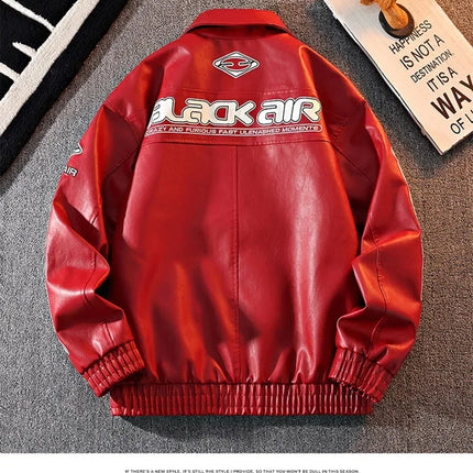 2026 New Men's American Racing Style Printed Leather Jacket Fashion Stand Collar Motorcycle Biker Coat Casual Outerwear PU