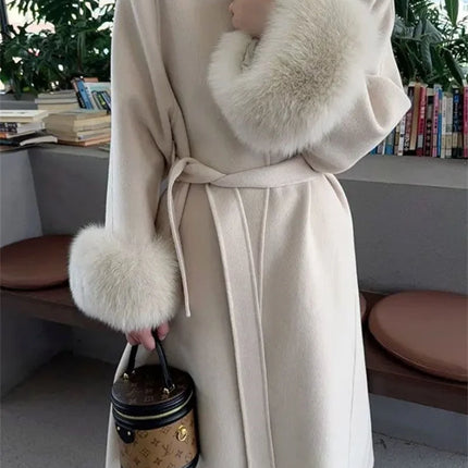 2025 New Spring Winter Warm Long Woolen Coat Women Elegant Warm Wool Blend Trench Coat With Belt Fashion Outerwear