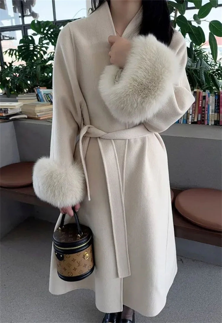 2025 New Spring Winter Warm Long Woolen Coat Women Elegant Warm Wool Blend Trench Coat With Belt Fashion Outerwear