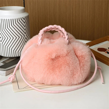 Women's Crossbody Pumpkin Plush Bag Cute Tote Bags Autumn Winter Fashion Solid Color Handbag Travel Shoulder Bags PlatiNum