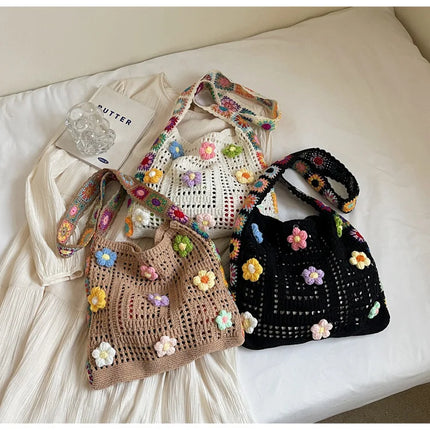 Borsa tote da donna in stile boho con motivo floreale all'uncinetto, borsa a tracolla in maglia intrecciata di grande capacità, borsa da spiaggia estiva per ragazze