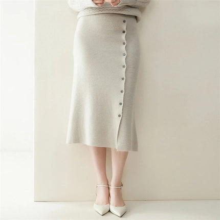 Women 100% Cashmere Skirts Office Lady Autumn Winter Knitted High Waist A-Skirt Graceful Long Warm front-open skirt with buttons PlatiNum