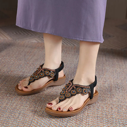 New 2026 Women's Summer Bohemian Style Sandals, Flip-Flop Design with Beaded and Rhinestone Buckle, Elastic Heel Strap, Comfortable Everyday Shoes
