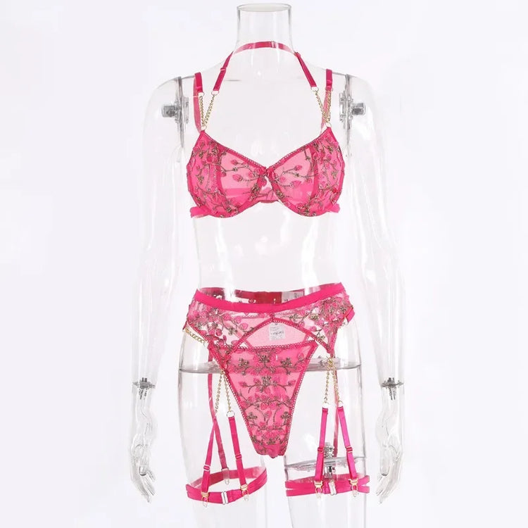Sexy Embroidery Lingerie Suit Women Lace Embroidery Gathering Temptation Bra Lingerie Set Sexy Garters Underwear Suit