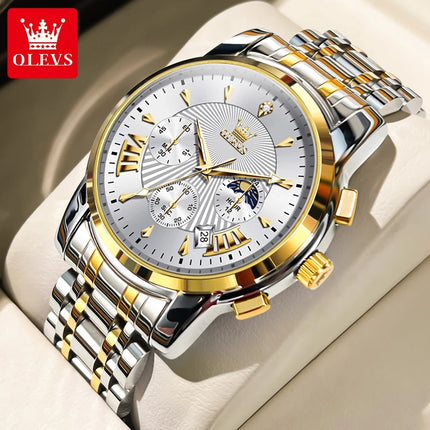 OLEVS Orologi al quarzo da uomo Orologi di marca in acciaio inossidabile Orologio sportivo impermeabile per uomo Cronografo con fasi lunari platinumshop