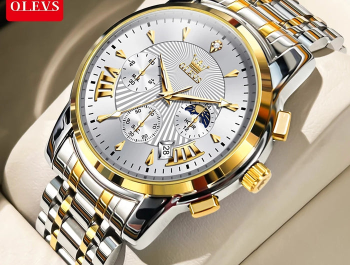 OLEVS Orologi al quarzo da uomo Orologi di marca in acciaio inossidabile Orologio sportivo impermeabile per uomo Cronografo con fasi lunari platinumshop