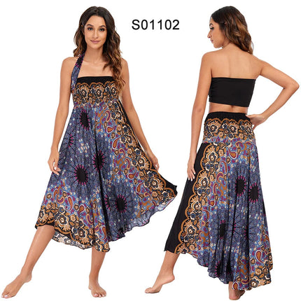 Boho Gonne Donna Rayon Beach Abito lungo Estate Bohemian Jupe Longue Femme Elastico in vita Stampa Fasciatura floreale Halter Hippie platinumshop