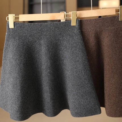 Women's Wool Skirt Autumn Winter Elastic Waist Mini A-Line Cashmere Skirt 100% Merino Wool Knitted Above Knee Preppy Style Dress PlatiNum