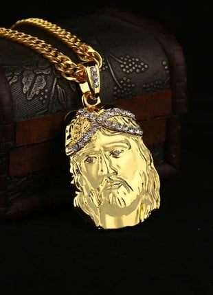 Vintage Christian Ice Crystal Jesus Head Pendant Necklace for Men and Women Cross Catholic Amulet Jewelry PlatiNum