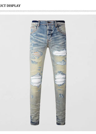 Designer High Street Fashion New Light Blue Men's Jeans Stretch Slimming White Leather Patch Hip Hop Brand Pants HombreY2K PlatiNum