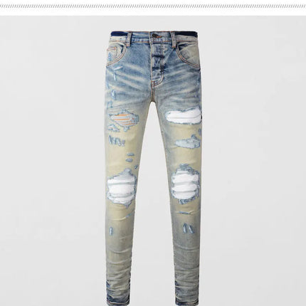 Designer High Street Fashion New Light Blue Men's Jeans Stretch Slimming White Leather Patch Hip Hop Brand Pants HombreY2K PlatiNum