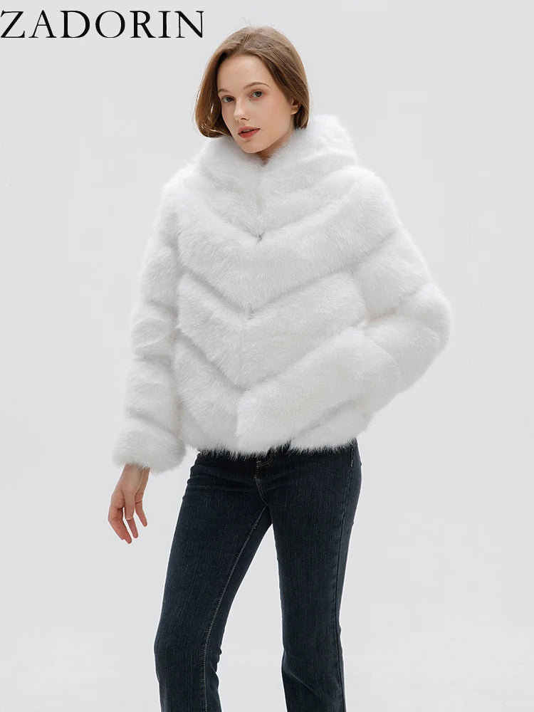 ZADORIN Fashion Hooded Splicing Fluffy Jacket Women Winter Long Sleeve White Faux Fur Coat Woman Clothing New in Coats & Jackets