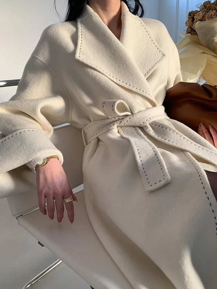 New Solid Korean Style Women Wool Coat Arch Needle Large Neck Versatile Fashion Texture Double Sided Trench Coats Female Winter