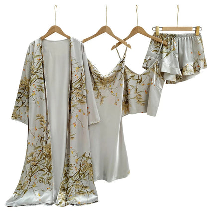 4PC Abito di seta Abito da notte Pigiama di raso di pizzo da donna Abito con scollo a V Cami Camicie da notte Indossare Pijama Home Nightwear Camicia da notte primaverile