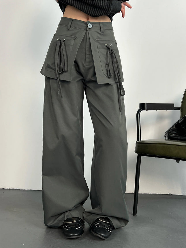2026 New Women Cargo Pants High Waist Wide Leg Baggy Trousers Drawstring Flap Pocket Army Green Y2K Streetwear Techwear