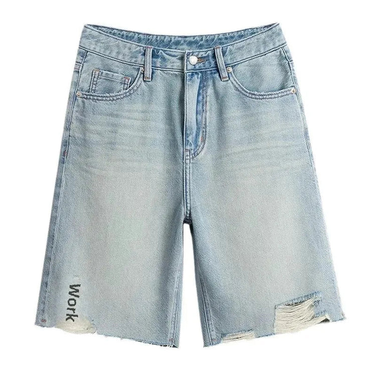 Blue Denim Shorts For Women High-Waisted Loose-Fit Slimming Casual Straight-Leg Mid-Length Summer New Arrival 2024 PlatiNum