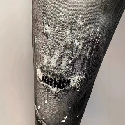 Light Luxury Washed Jeans Men's Trendy Brand Ruffian Handsome Black Ripped Patch Slim Fit Small Feet Casual Long Pants PlatiNum