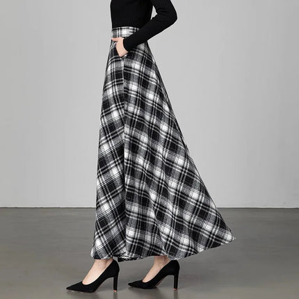 New Women Thick Woolen Skirt Autumn Winter Fashion Elastic High Waist A-Line Long Plaid Skirt Elegant Easy Match Wool Skirt PlatiNum