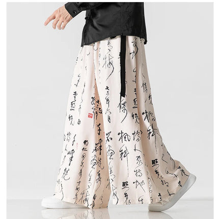 Pantaloni a gamba larga da uomo Ukiyo-e Stampa Pantaloni larghi in vita elastica Uomo Streetwear Giappone Samurai Pantaloni casual Pantaloni lunghi vintage
