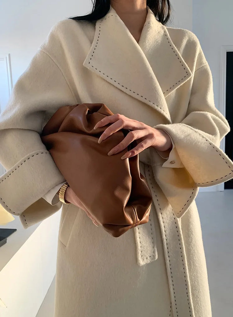 New Solid Korean Style Women Wool Coat Arch Needle Large Neck Versatile Fashion Texture Double Sided Trench Coats Female Winter
