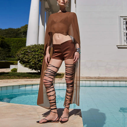 Poncho Lungo in Chiffon da Donna, Copricostume Leggero in Rete Trasparente, Stile Y2K, per Spiaggia e Bikini, Sciarpa Avvolgente Estiva platinumshop