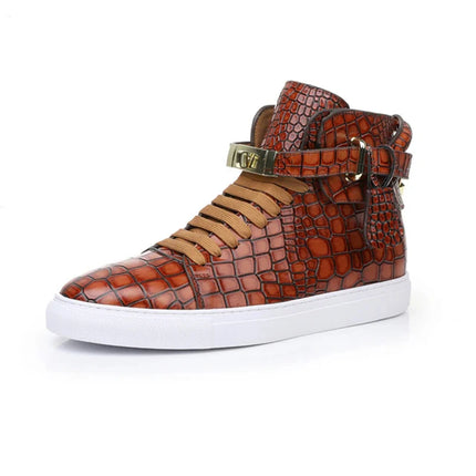 Luxury Designer Men Crocodile Pattern High Top Sneakers Glossy Patent Leather Gold Buckle Lace-up Casual Street Shoes Footwear