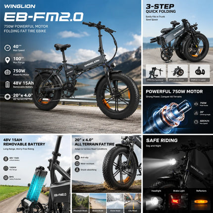Nuova Bicicletta Elettrica Pieghevole WINGLION eb-fm2.0, Motore 720W, Batteria 48V 15AH, Pneumatici Larghi 20 "x4.0, Freno Idraulico, Ideale per Adulti, Città, Casa, Lavoro