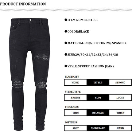 Designer street fashion men's jeans washed, elastic, slim fit, perforated, cashew flower patch, black denim high street pants, h PlatiNum