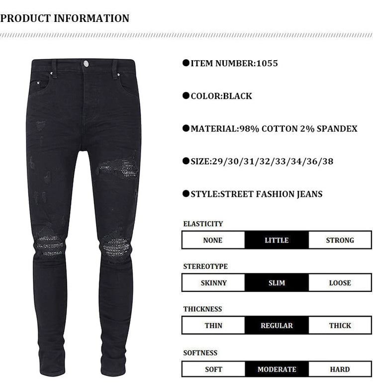 Designer street fashion men's jeans washed, elastic, slim fit, perforated, cashew flower patch, black denim high street pants, h PlatiNum