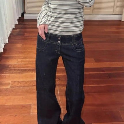 Jeans a gamba larga americani retrò a vita bassa da donna estate autunno pantaloni larghi drappeggiati alti lunghezza estesa pantaloni a gamba larga per ragazze calde
