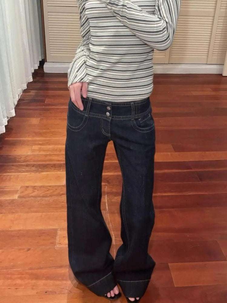 Jeans a gamba larga americani retrò a vita bassa da donna estate autunno pantaloni larghi drappeggiati alti lunghezza estesa pantaloni a gamba larga per ragazze calde