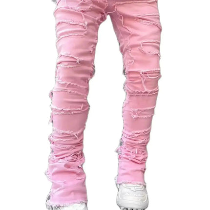 Men's Regular Fit Stacked Jeans Ripped Slim Fit Patch Distressed Destroyed Straight Denim Pants Hip Hop Streetwear Trouser Cloth PlatiNum