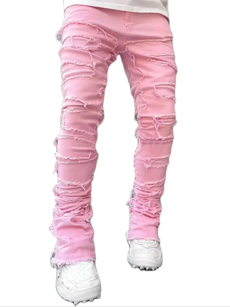 Men's Regular Fit Stacked Jeans Ripped Slim Fit Patch Distressed Destroyed Straight Denim Pants Hip Hop Streetwear Trouser Cloth PlatiNum