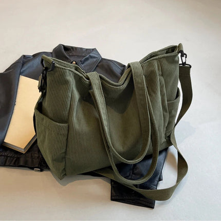 Women Corduroy Tote Bag Casual Multi Pocket Handbag Adjustable Strap Crossbody Sling Bag Zipper Shoulder Bag Fall Winter Bag PlatiNum