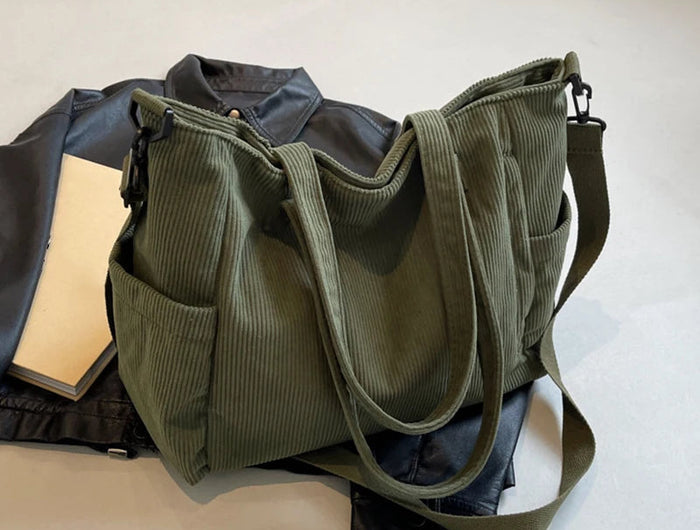 Women Corduroy Tote Bag Casual Multi Pocket Handbag Adjustable Strap Crossbody Sling Bag Zipper Shoulder Bag Fall Winter Bag PlatiNum
