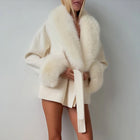 Women Faux Wool Short Coat Faux Fur Collar Cuffs Patchwork Lace-Up Coats Elegant Loose Luxury Ladies Autumn Winter Outerwear