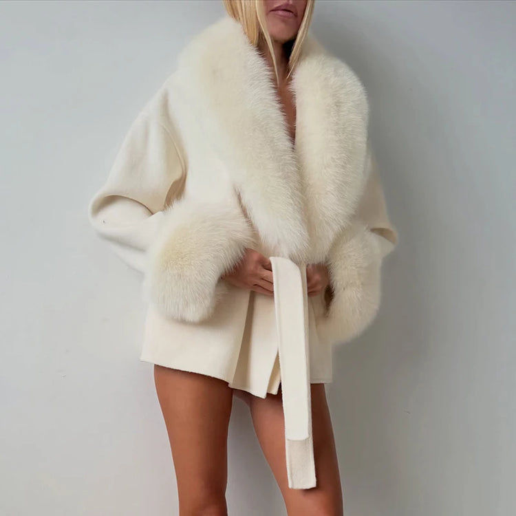 Women Faux Wool Short Coat Faux Fur Collar Cuffs Patchwork Lace-Up Coats Elegant Loose Luxury Ladies Autumn Winter Outerwear