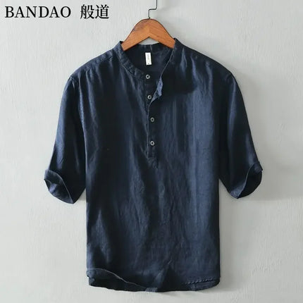 Men's High-End Loose Spring and Summer Chinese Style Short-Sleeved Cotton Linen Casual Breathable Shirt Collar T-shirt