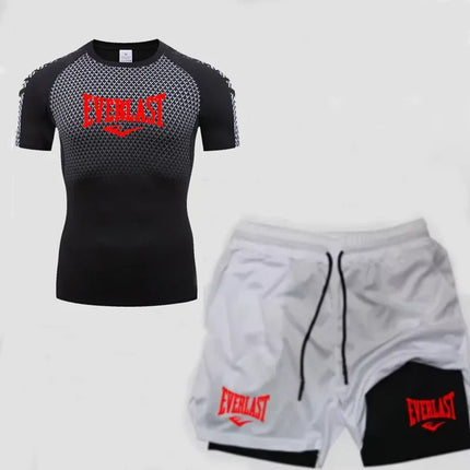 EVERLAST Men's Compress Shirt + 2-in-1 sports shorts 2pcs Set Leisure Breath Short Sleeve Sport Jogging Gym Brand Print Clothing platinumshop