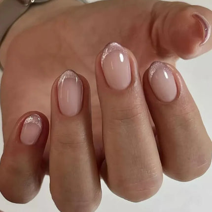 24Pcs Medium Almond Nude‑Pink 3D Textured Metallic Cat‑Eye French Sheer Press‑On False Nails For Nail Art Decor